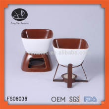 Alimento contato seguro cerâmico chocolate fondue jogo, cerâmico fondue com suporte